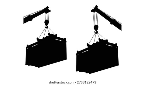 Two container silhouettes are suspended by cranes, showcasing a bold, graphic style.