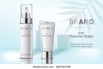 Two containers with cosmetics, thermal water. Place for text. Realistic 3D mockup product placement. Vector