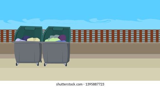 two containers for garbage trash can with wastes and rubbish on city street homeless concept horizontal