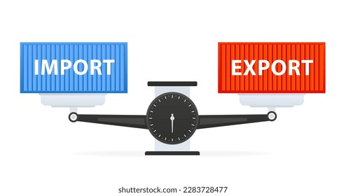 Two containers on scales with the inscription import and export. Cargo transport container. Flat style. Import and export. The concept of worldwide shipping. Vector illustration