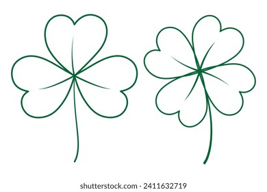 Two contour drawn tree leaf and four leaf clover in trendy green. Design for icon or various uses