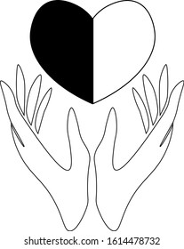 two contour hands holding half-black and half-white heart