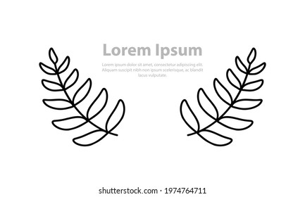 Two contour laurel twigs with copy space. Symmetric sprigs with leaves. Black doodle illustration. Template for horizontal banner, poster. Hand drawn isolated vector, white background