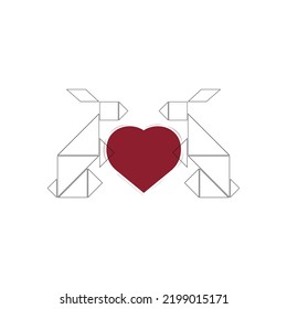 Two contour rabbit with big red heart. Concept of love, relationships, St. Valentine Day. Print for greeting card, wrapping paper, textile.