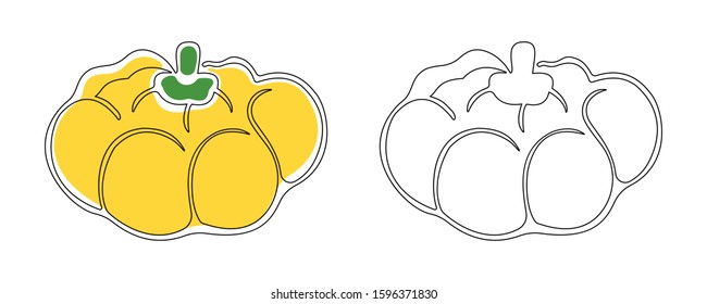 Two contour squash drawn by one solid line with and without substrates of yellow and green colors on a white background.
Vector.