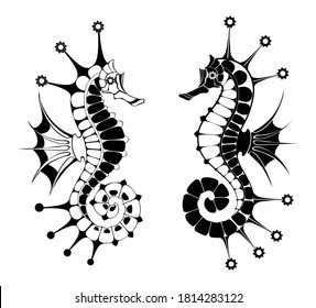 Two contour steampunk seahorses on a white insulated background.