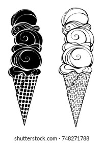 Two Contour Stylized Ice Cream Waffle Stock Vector (Royalty Free ...