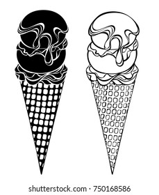 Two contour, stylized ice cream with waffle horn two balls, drizzled with chocolate syrup on white background. 
