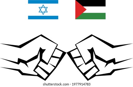 Two contoured fists are directed towards each other. Military conflict between Palestine and Israel. Palestine and Israel flag. Vector illustration in a flat style. Isolated clipart