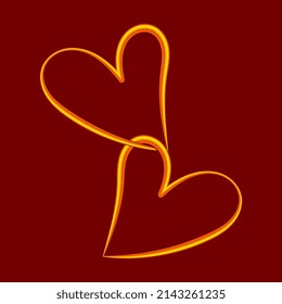Two contoured interlocked hearts of gold wire. Design element for greeting cards for Valentines Day. For the design of banners, cards and sites, for frames. Vector.