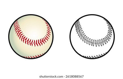 Two contrasting Baseball illustrations one with color and a black and white outline, side by side.