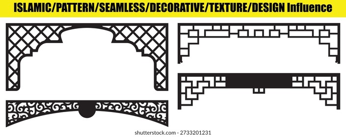 Dos Formas negras contrastantes: una forma geométrica sobre un patrón de desplazamiento ornamentado.