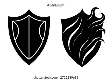 Zwei kontrastierende schwarze Schild-Icons, ein Klassiker und das andere mit einem feurigen, dynamischen Element geschmückt.