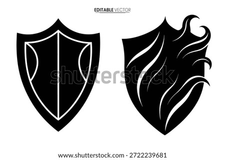 Two contrasting black shield icons, one classic and the other adorned with a fiery, dynamic element.