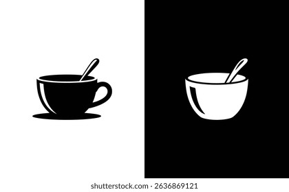Two contrasting black and white coffee cup illustrations show a cup with a spoon in each. Design features graphic coffee cups, a simple black and white visual.