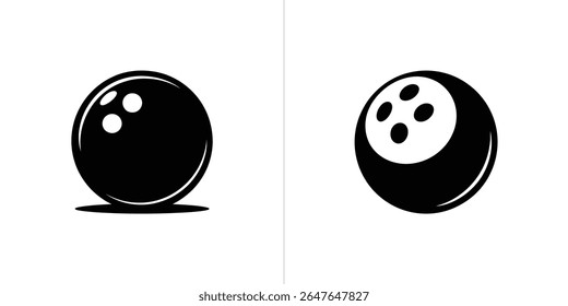 Dois ícones de bola de boliche contrastantes, um preto sólido e o outro com destaques brancos, ambos apresentando o design clássico de três buracos. Perfeito para logotipos de pista de boliche, sites
