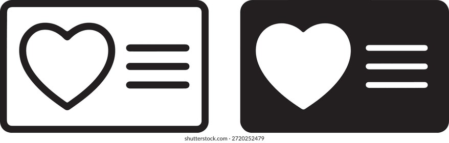 Dos diseños de tarjetas contrastantes, uno con un corazón de contorno negro y líneas de texto, el otro con un corazón blanco sobre negro.