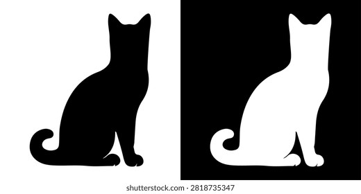 Two contrasting cat silhouettes, one black and one white, showcasing feline grace and elegance in a minimalist style.
