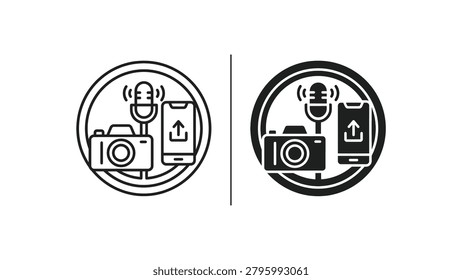 Two contrasting circular icons showing media recording and upload functions, featuring a microphone, camera, and smartphone with an upload arrow. Perfect for apps, websites, or presentations dealing with content creation and sharing.