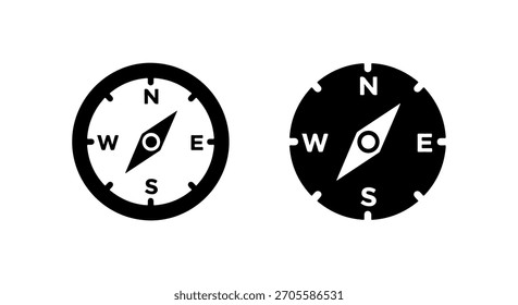 Two contrasting compass icons, one in black and white, the other in white on black, showing cardinal directions for navigation.