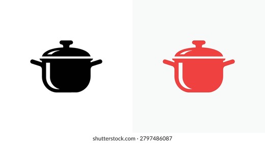 Two contrasting cooking pot icons in black and red solid colors with lids showcasing classic kitchenware design