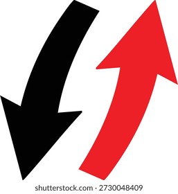 Dos flechas curvas contrastantes, una apuntando hacia abajo en negro y la otra apuntando hacia arriba en rojo aislado sobre un fondo transparente que simboliza la dirección y la oposición