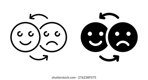 Two contrasting emoji faces, one happy and one sad, with arrows indicating a transition between emotions