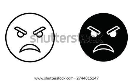 Two contrasting emoji icons representing anger. One is a black line drawing on a white background, and the other is a solid black circle with white features, both displaying a furious expression. Ideal for conveying negative emotions in digital contexts.