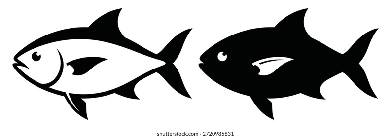 Dos peces contrastantes nadan uno al lado del otro en blanco y negro, Ilustración vectorial de íconos de peces, íconos de peces en negro sólido y estilo delineado