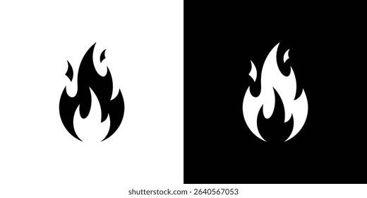 Two contrasting flame icons display a sleek design a black fire graphic against a white background, and a mirrored white flame on a black backdrop.