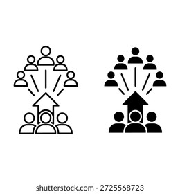 Dois grupos contrastantes de pessoas com um símbolo de casa no meio representando a família ou a comunidade