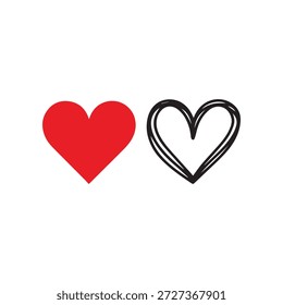 Dos símbolos de corazón contrastantes, uno rojo sólido y el otro un contorno negro dibujado colocado uno al lado del otro sobre un fondo blanco limpio que representa relaciones amorosas y artísticas