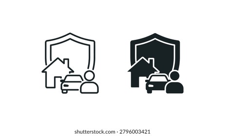Two contrasting icons show a simple house with an outline style on the left and a filled style on the right, each with a car and person figure beside them.