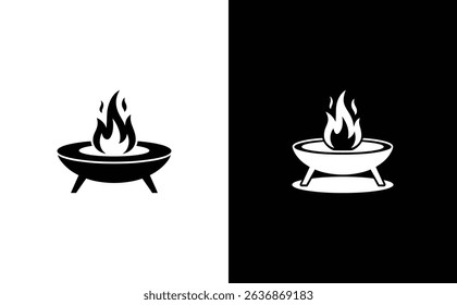 Two contrasting illustrations depict a fire pit with flames, set against split black and white backgrounds, showing inverted color schemes. The icon design is consistent.