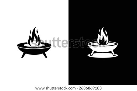 Two contrasting illustrations depict a fire pit with flames, set against split black and white backgrounds, showing inverted color schemes. The icon design is consistent.