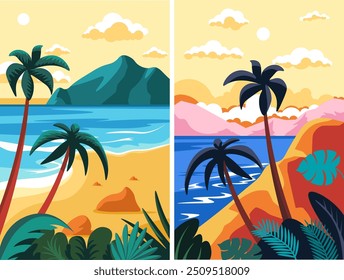 Two contrasting illustrations of an exotic beach and dense jungle scene. Vector illustrations isolated on white, ideal for travel and adventure designs.