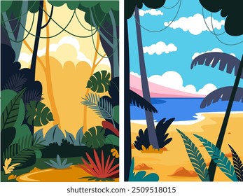 Duas ilustrações contrastantes de uma praia exótica e cenário de selva densa. Ilustrações vetoriais isoladas em branco, ideal para projetos de viagem e aventura.