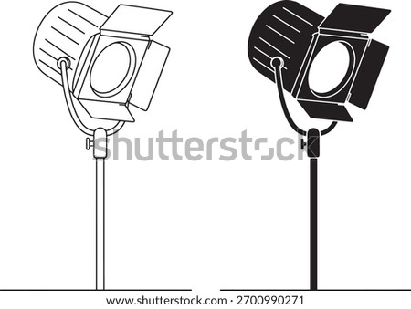 Two contrasting illustrations of a theatrical spotlight, one in outline and one in silhouette, on white background.