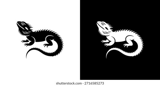 Duas imagens contrastantes mostram a forma de um dragão barbudo, um em preto e outro em branco.