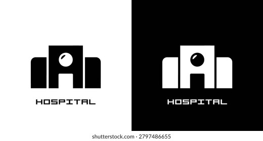 Two contrasting logo variations for a hospital featuring a stylized building and cross symbol in black and white designs for versatile branding use