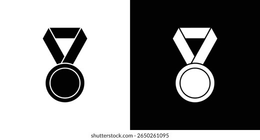 Two contrasting medals are displayed, one white on black and one black on white, each features a ribbon and a circular shape, representing awards and achievement.