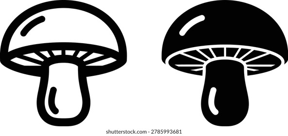 Two contrasting mushroom symbols one outlined and one silhouetted presented cleanly for versatile graphic design applications in food or woodland themes.