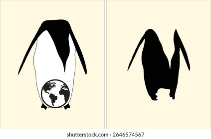 Two Contrasting Penguin Illustrations One Holding the Earth Expressing Environmental Concern and Another in Silhouette