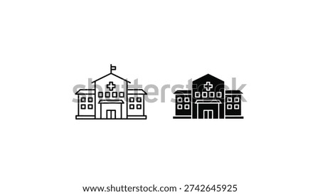 Two contrasting school building icons with distinct architectural designs
