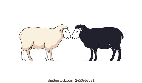 Two contrasting sheep one black and one white standing together on a white background showcasing their differences in a unique and visually interesting way