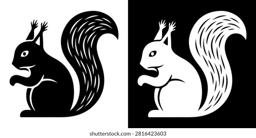 Two contrasting stylized squirrel silhouettes, one in black and one in white, showcasing artistic animal representations with detailed tails.