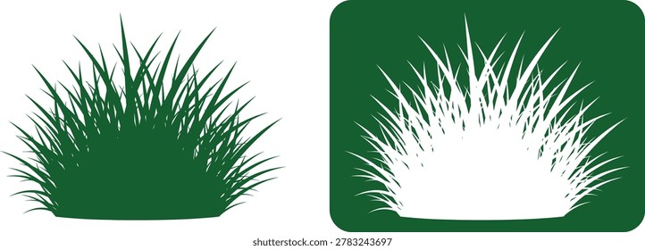 Two contrasting tufts of grass, one green and one white, shown in a clean illustration style.