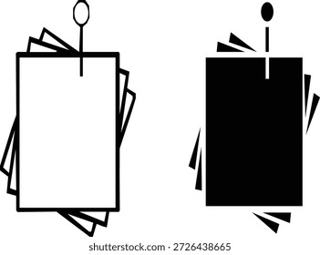 Dos iconos vectoriales contrastantes muestran una pila de papeles o notas aseguradas por un alfiler, uno blanco sobre negro y el otro negro sobre blanco, que simbolizan la organización o los recordatorios.