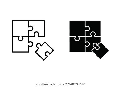 Two contrasting vector illustrations of puzzle pieces, one assembled and one with a single piece separated. Ideal for concepts of connection, problem-solving, and completion in business or education.
