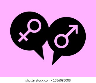 Two conversational bubbles, a sign of male and female, on a pink background, vector
